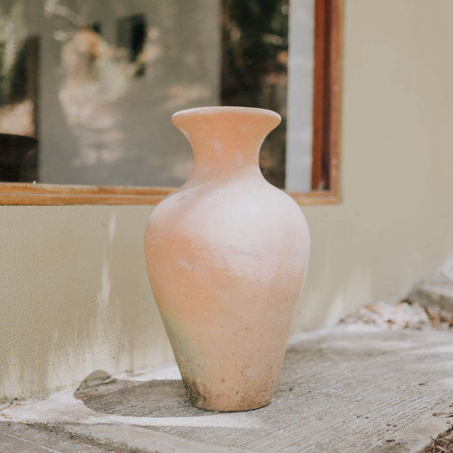 A classic terracotta vase photographed outdoors in natural light.